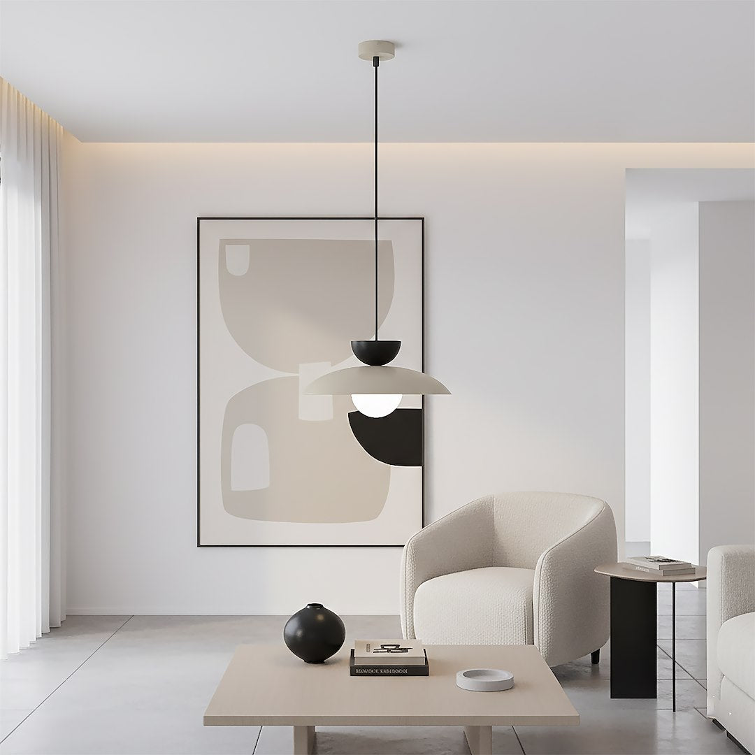 Hanglamp Mulan gepoedercoat staal en glas, Scandinavisch, beige met zwart, Ø 30 cm, boven eettafel of kookeiland
