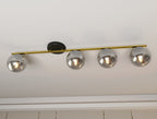 Plafondlamp gepoedercoat staal en glas Monza, zwart en goud met grafiet kappen, 4 lichts, 100 cm breed