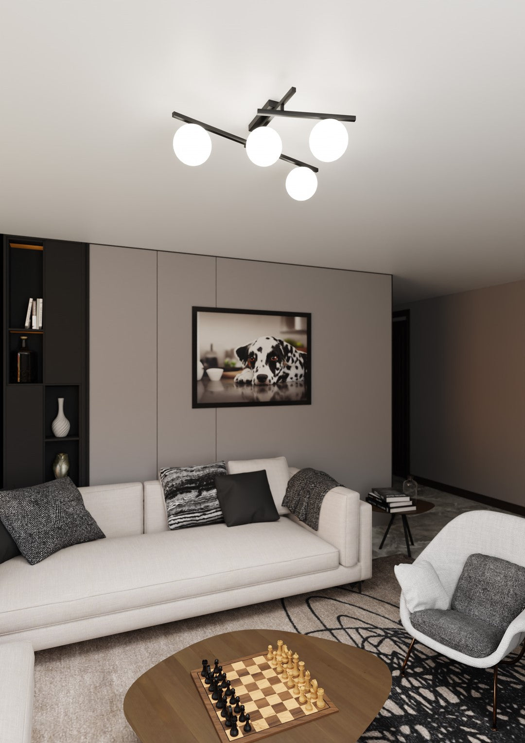 Plafondlamp gepoedercoat staal en glas Smart 4 lichts, zwart met witte kappen, 63 x 25 cm