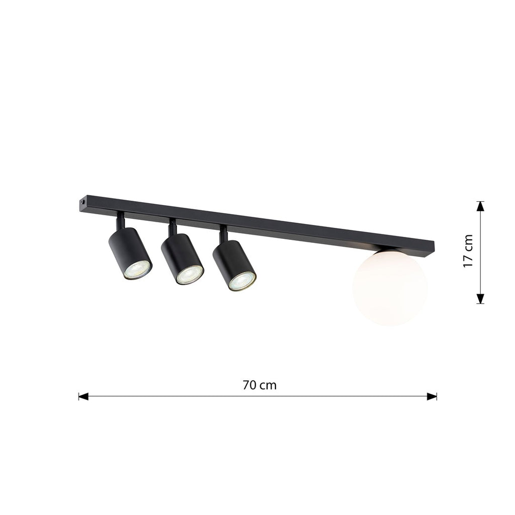 Plafondlamp Baster gepoedercoat staal en glas, modern, zwart met witte glazen kap, 70 cm, 4 lichtpunten