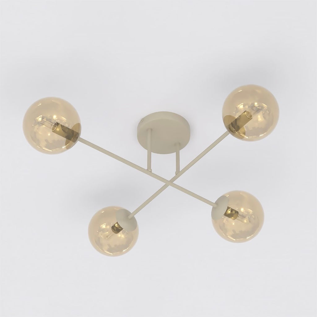 Plafondlamp gepoedercoat staal en glas Roma, beige met amber glazen kappen, 4 lichts, 55 cm breed, woonkamer