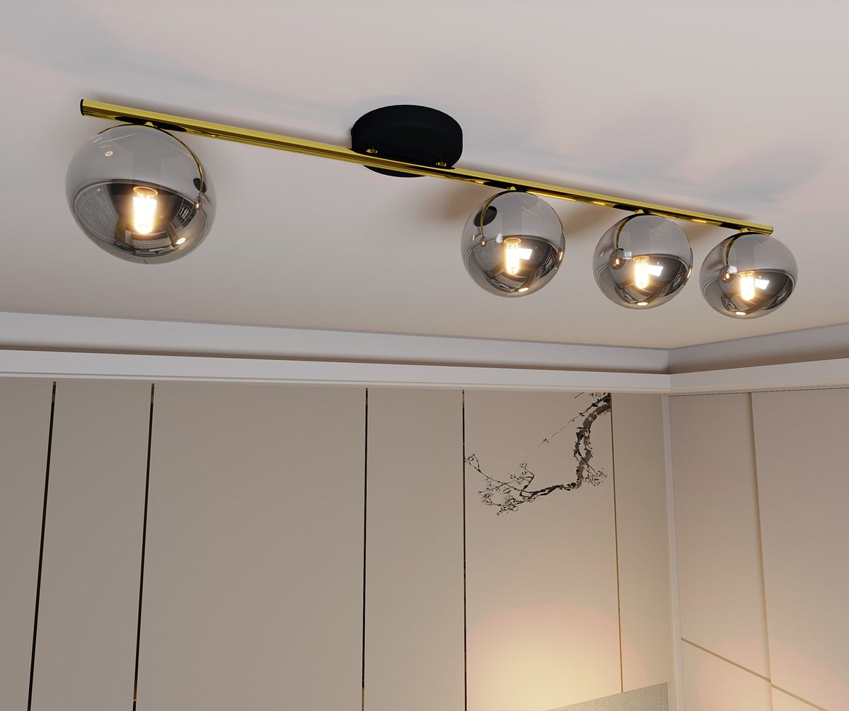 Plafondlamp gepoedercoat staal en glas Monza, zwart en goud met grafiet kappen, 4 lichts, 100 cm breed