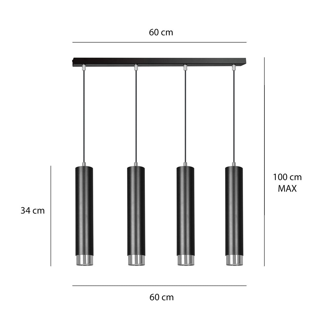 Hanglamp 4-lichts gepoedercoat staal Kibo, zwart met chroom, 60 cm breed, hoogte verstelbaar, eettafel en keuken