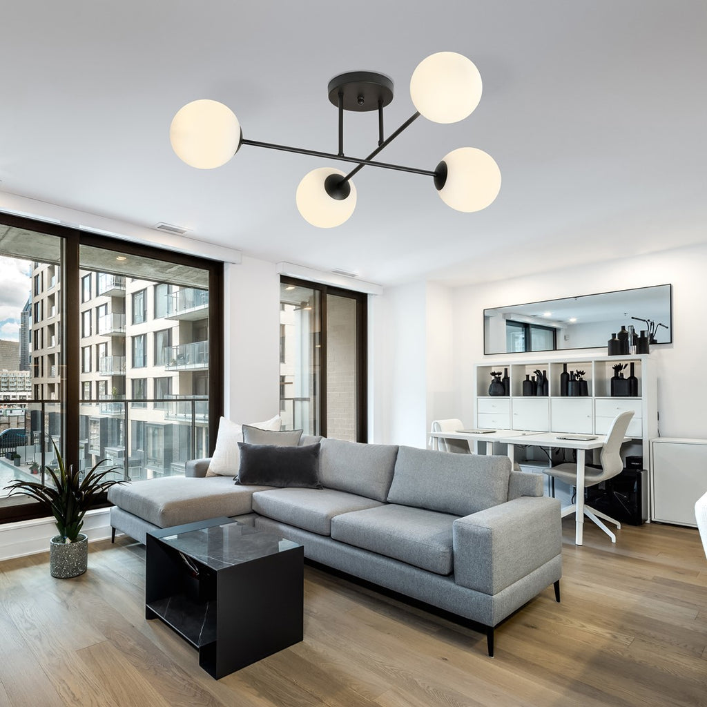 Plafondlamp 4-lichts gepoedercoat staal en glas, modern, zwart met witte kappen, E14 – woonkamer, eetkamer