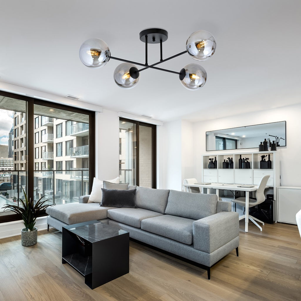 Plafondlamp gepoedercoat staal en glas Roma, zwart met grafiet kappen, 4 lichtpunten E14, 55 x 26 cm