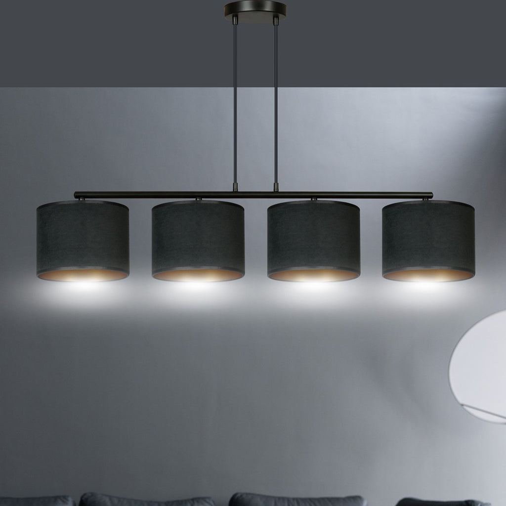Hanglamp gepoedercoat staal en stof Hilde zwart met gouden binnenkant, 4 kappen Ø 20 cm, eettafel