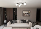 Plafondlamp gepoedercoat staal en glas Smart 4 lichts, zwart met witte kappen, 63 x 25 cm
