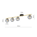 Plafondlamp gepoedercoat staal en glas Monza, zwart en goud met grafiet kappen, 4 lichts, 100 cm breed