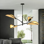 Plafondlamp Lotus gepoedercoat staal en rotan, boho, zwart met naturel kappen, 4 lichtpunten, 102 x 51 cm