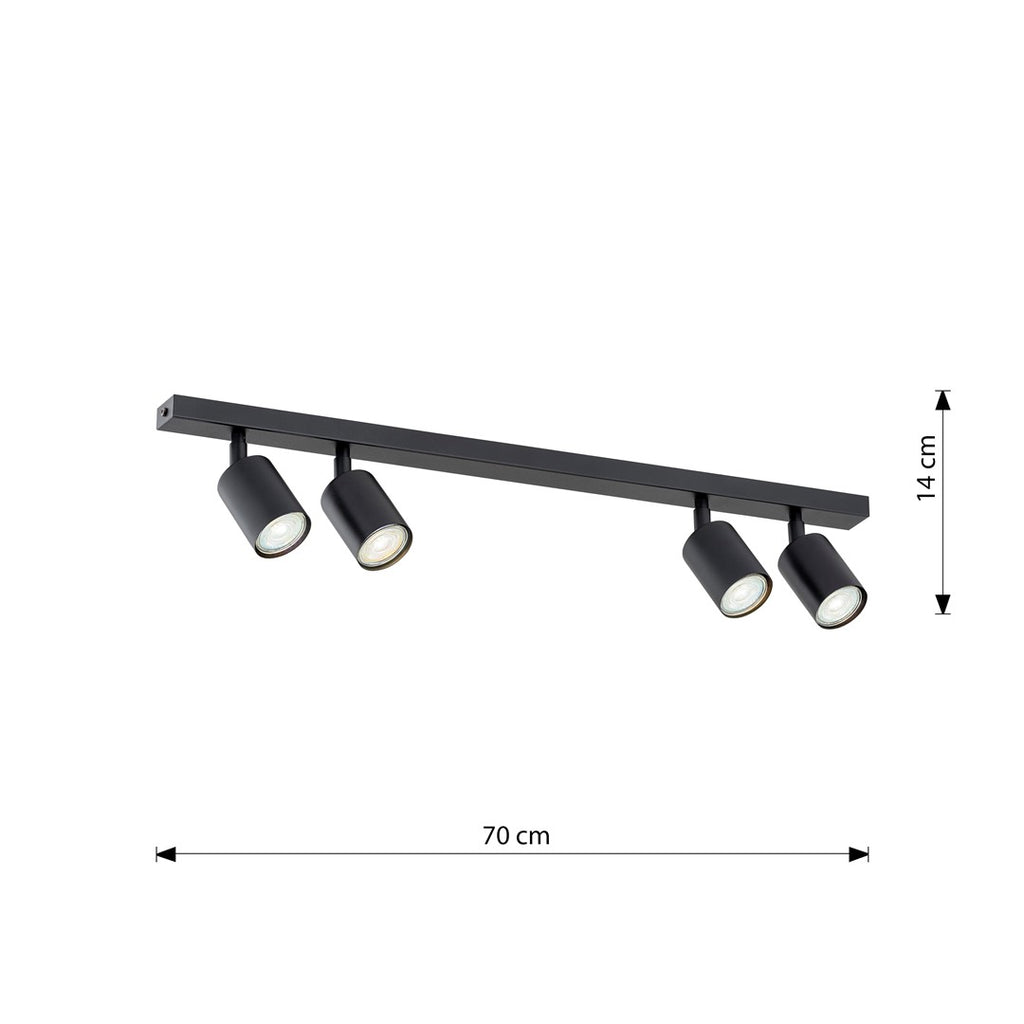 Plafondlamp staal minimalistisch Flash zwart 70 x 14 cm, 4 spots met GU10-fitting voor woonkamer, hal of kantoor