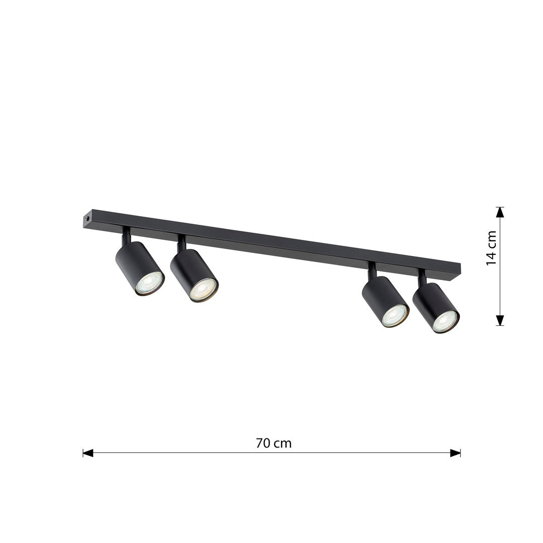 Plafondlamp staal minimalistisch Flash zwart 70 x 14 cm, 4 spots met GU10-fitting voor woonkamer, hal of kantoor