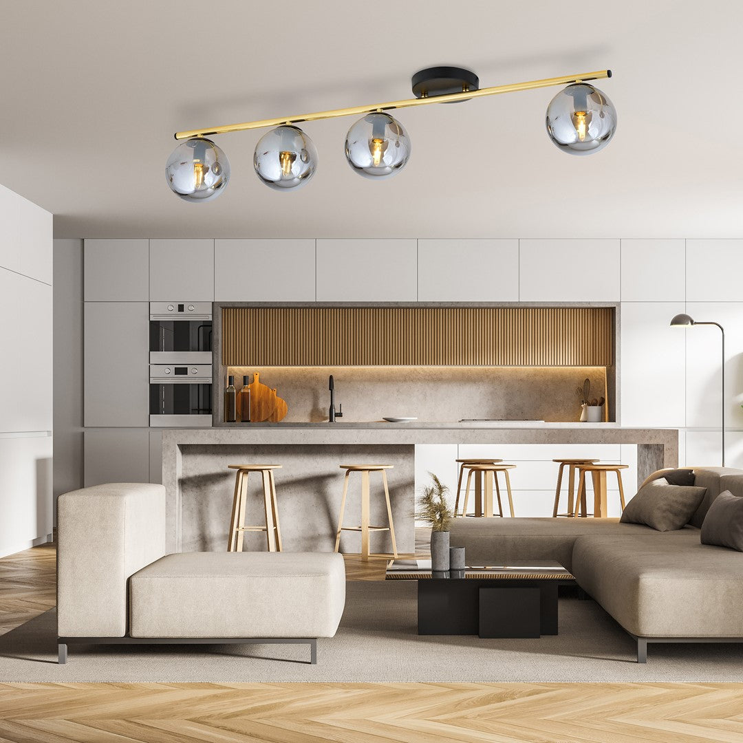 Plafondlamp gepoedercoat staal en glas Monza, zwart en goud met grafiet kappen, 4 lichts, 100 cm breed