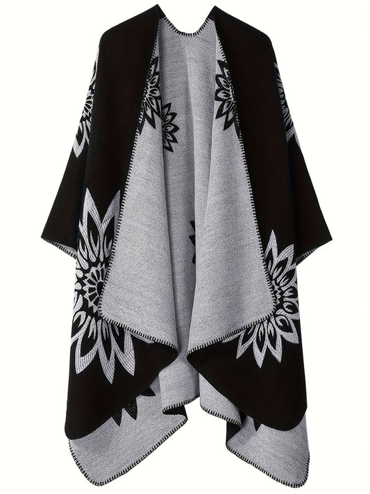 Women’s wrap poncho with floral pattern, reversible blanket