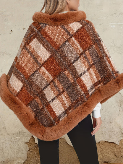 Damen Poncho mit Fellimitatbesatz, kariert, Braun/Grau