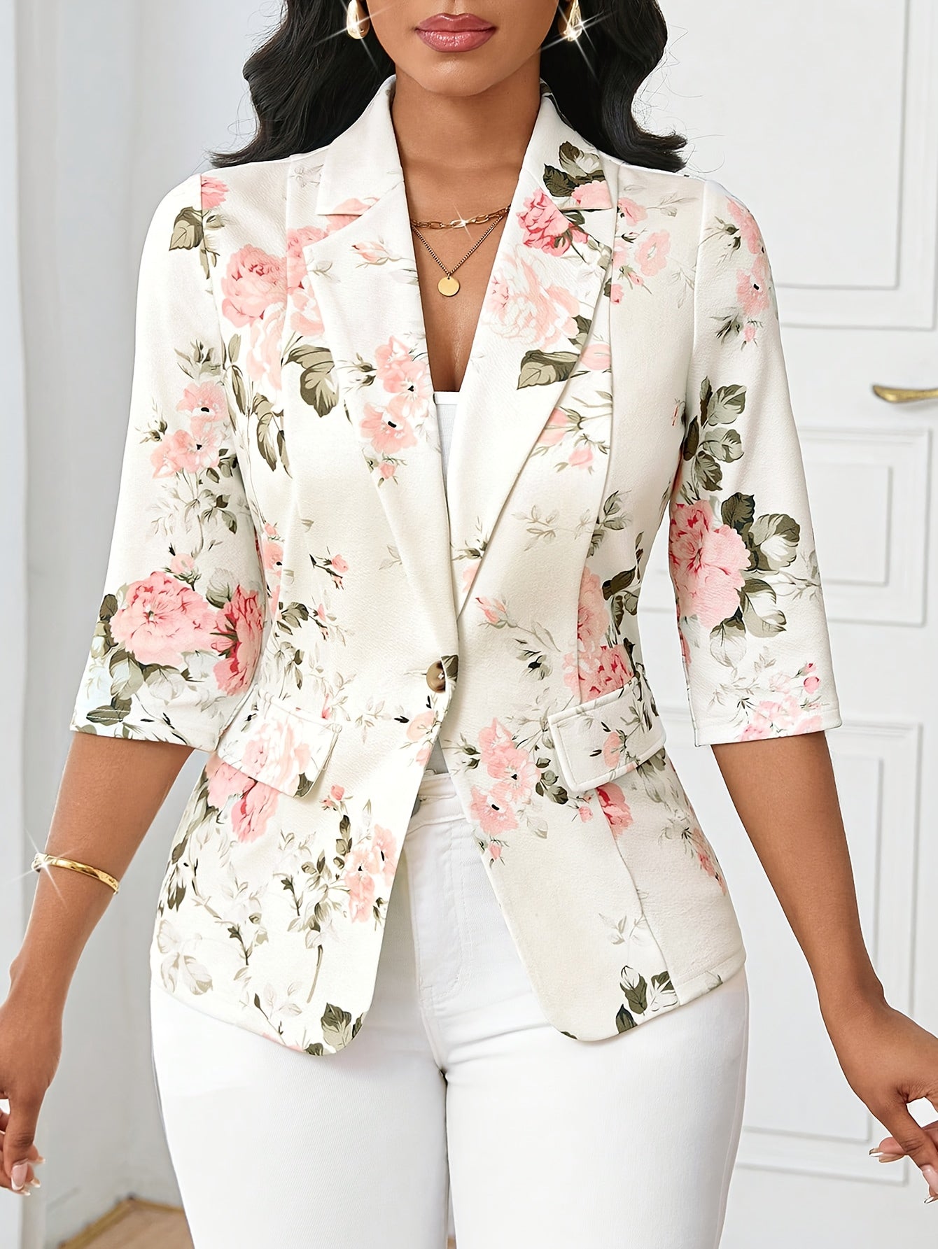 Women's Elegant Blazer with Floral Pattern and 3/4 Sleeves for Office and Casual Wear