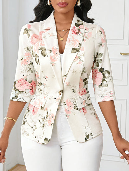 Women's Elegant Blazer with Floral Pattern and 3/4 Sleeves for Office and Casual Wear