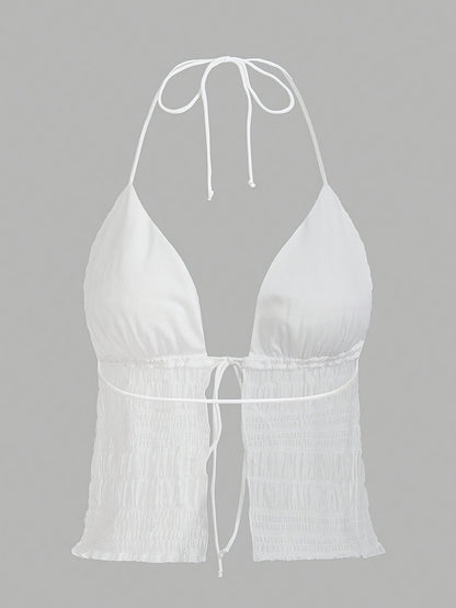 Women's Fashionable Halterneck Camisole Top with Ruching and Tie – Party & Summer Outfit