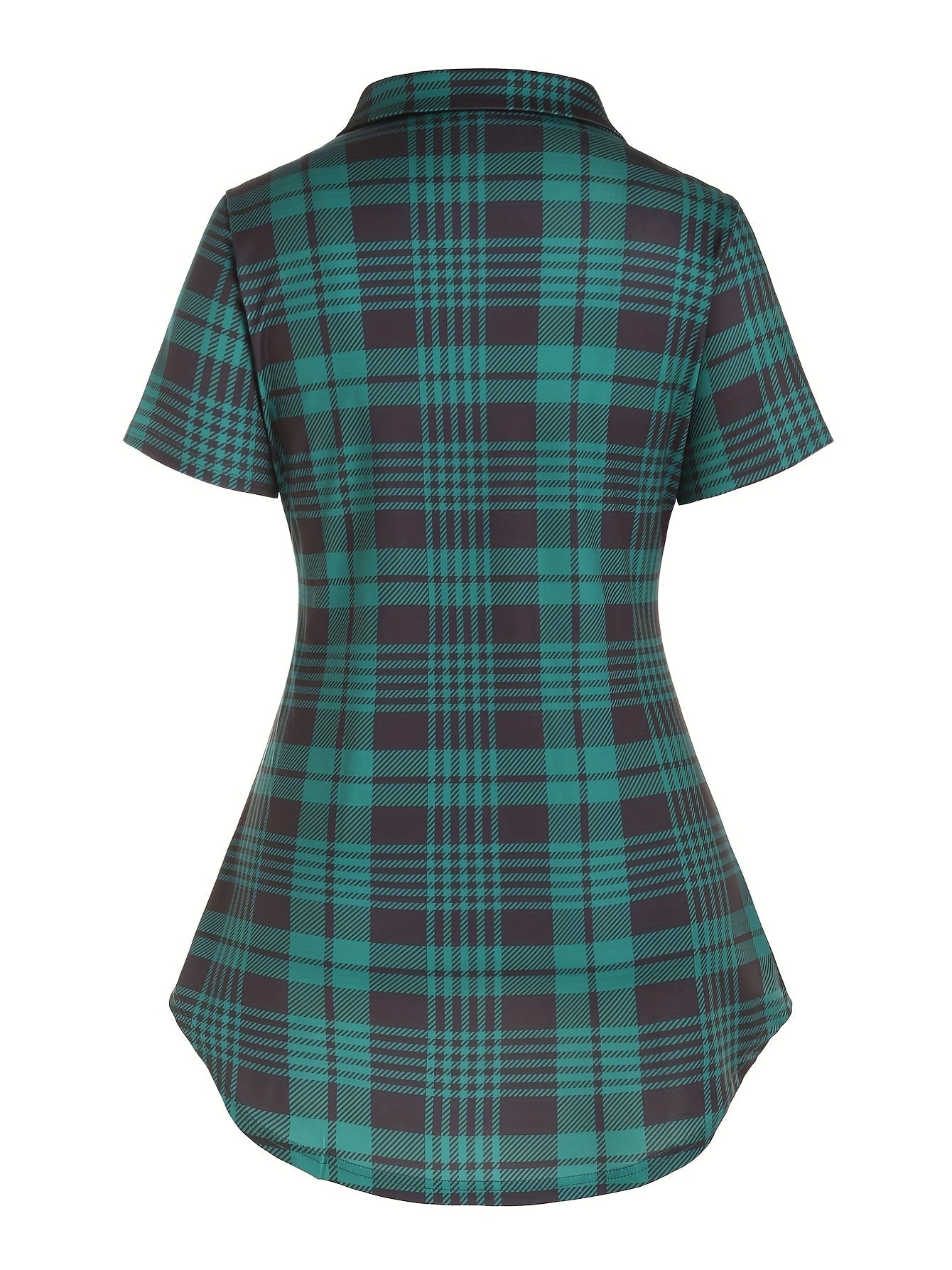 Women's plaid blouse with overlay and elegant look – summer casual shirt with cross detail