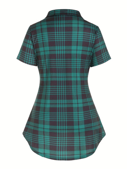 Women's plaid blouse with overlay and elegant look – summer casual shirt with cross detail