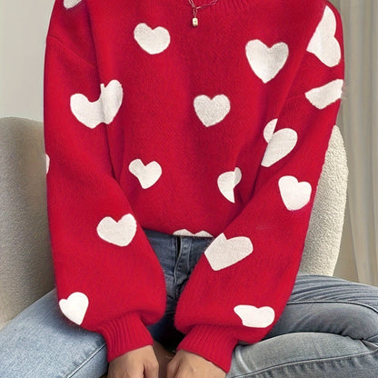 Women's sweater with heart pattern, crew neck, long-sleeve knit sweater