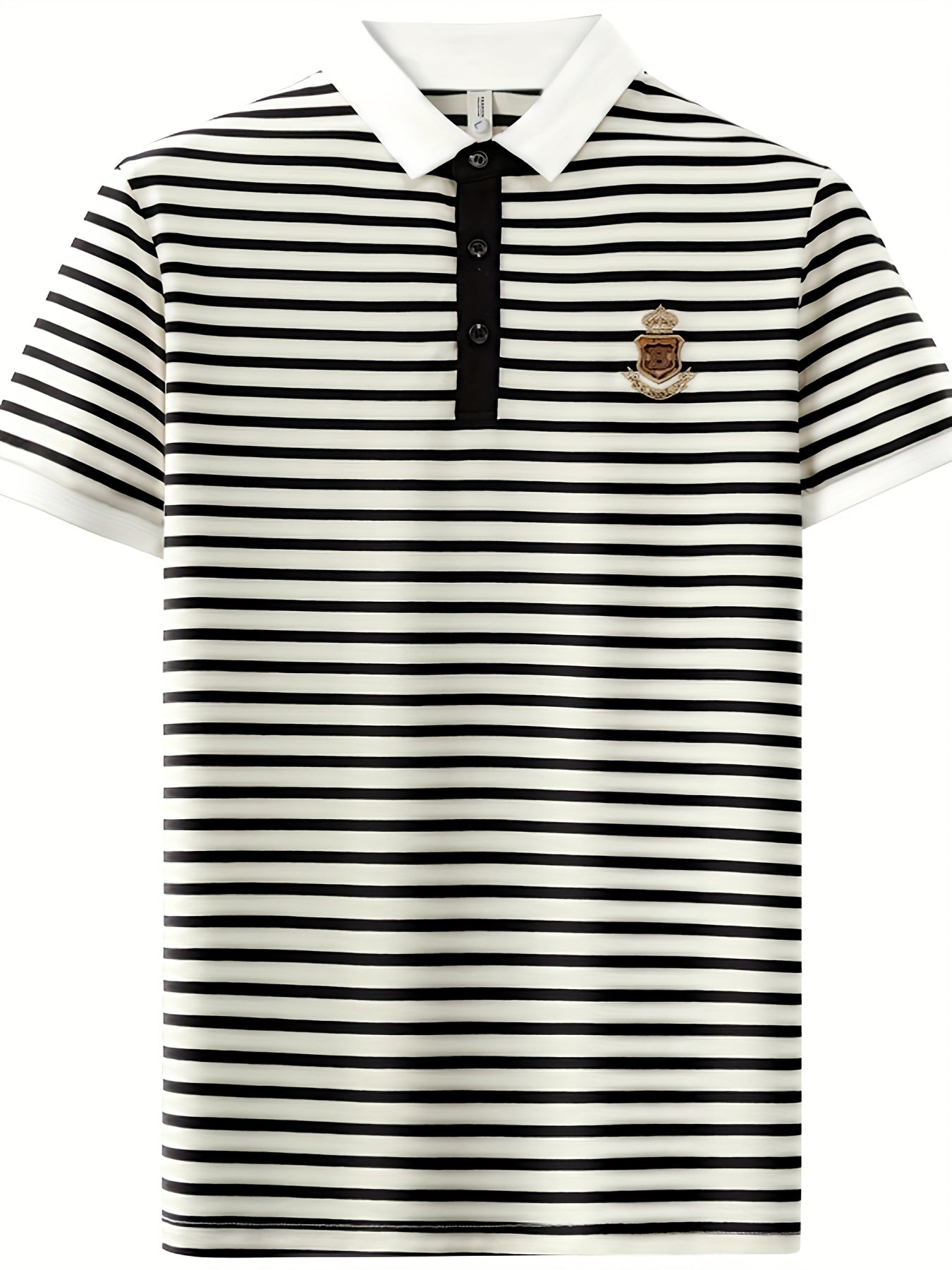 Men's Polo Shirt with Stripe Pattern and Chest Emblem – Classic, Short Sleeve, Smart-Casual for Leisure and Office