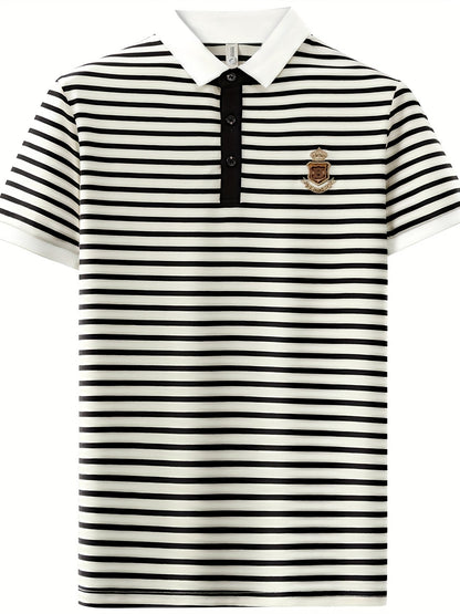 Men's Polo Shirt with Stripe Pattern and Chest Emblem – Classic, Short Sleeve, Smart-Casual for Leisure and Office