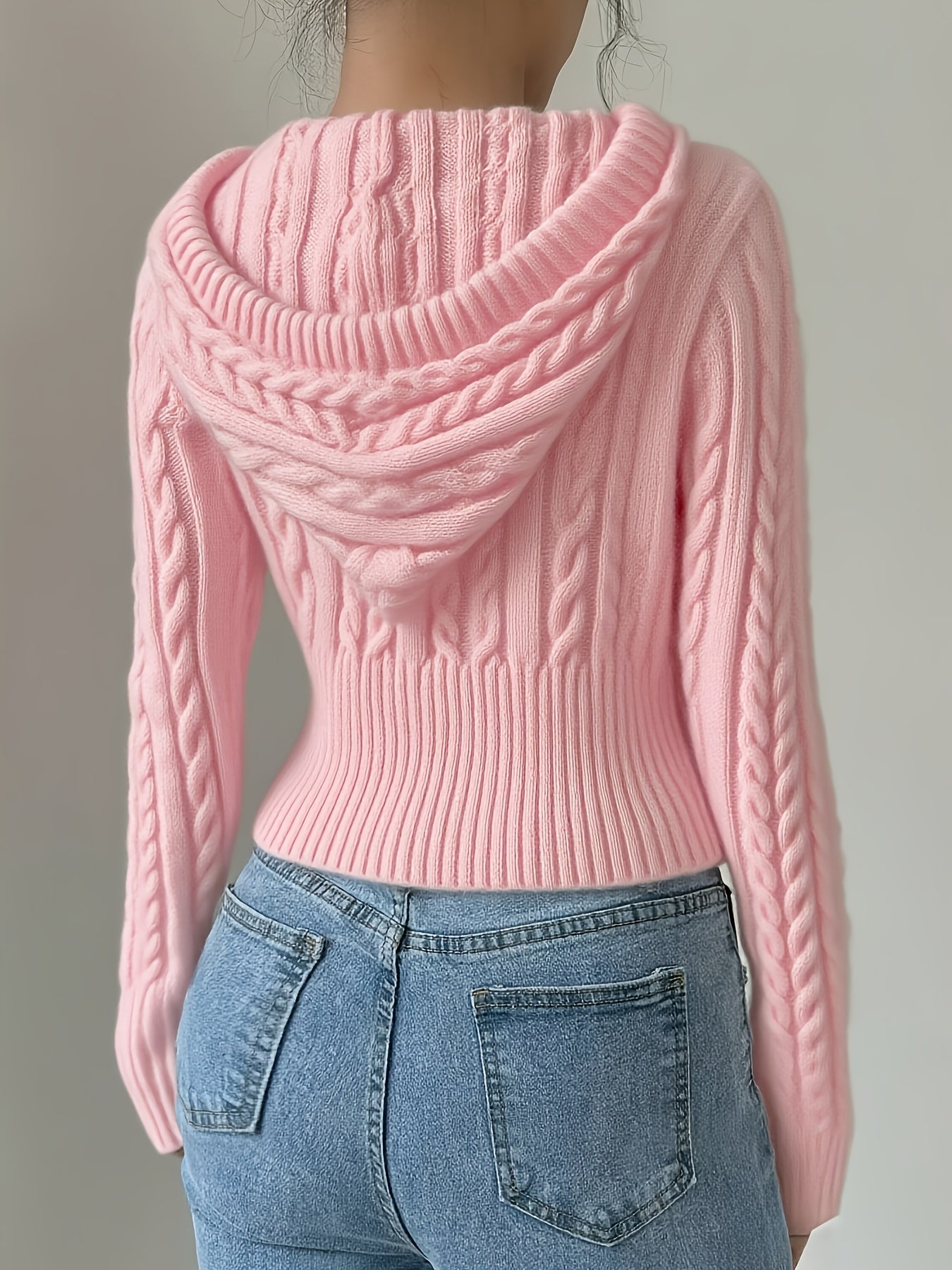 Damen Strickpullover Hoodie Crop Top Zopfmuster Reißverschluss