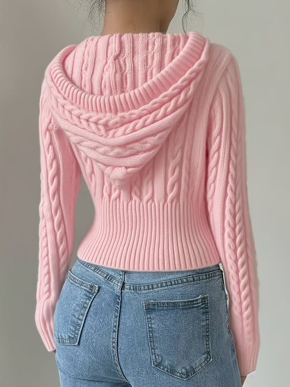 Damen Strickpullover Hoodie Crop Top Zopfmuster Reißverschluss