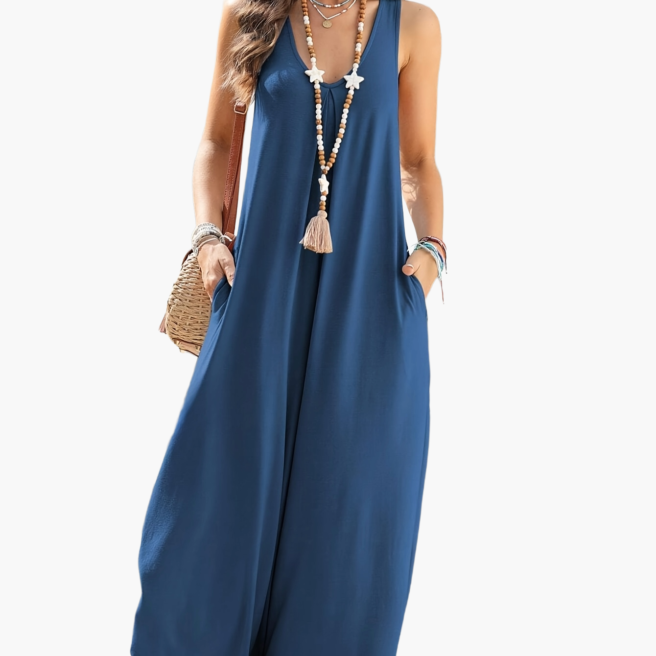 Women's Loose Jumpsuit with V-Neck and Pockets – Elegant Summer Romper for Leisure and Vacation