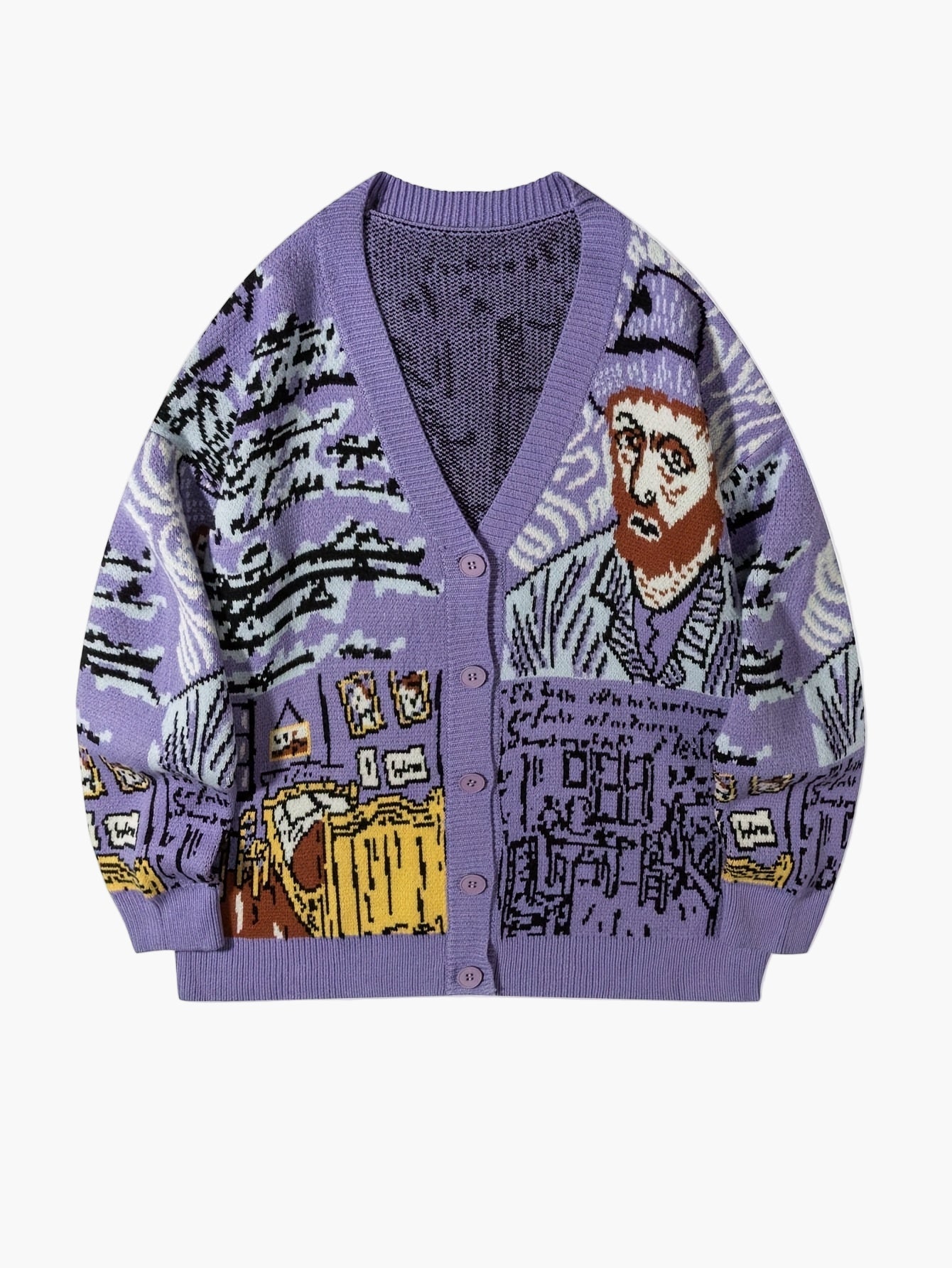 Herren Strickjacke im Kunststil mit Van Gogh-Motiv – Lässiger Cardigan für Herbst und Winter
