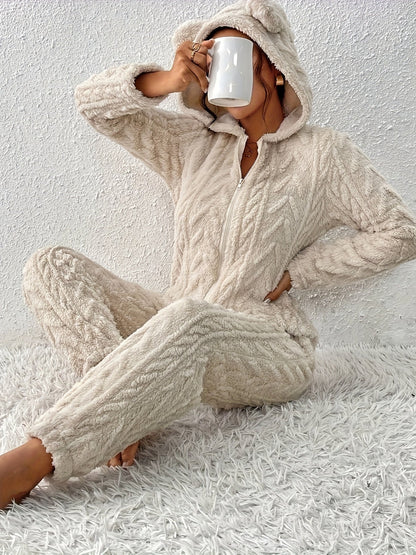 Women's fluffy hooded onesie with ears, light beige