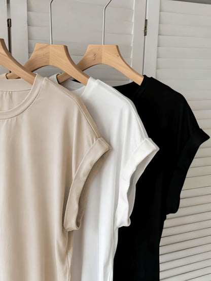 Women's Basic T-Shirt with Turn-Up Sleeves – Stylish Everyday Essential for Leisure and Office