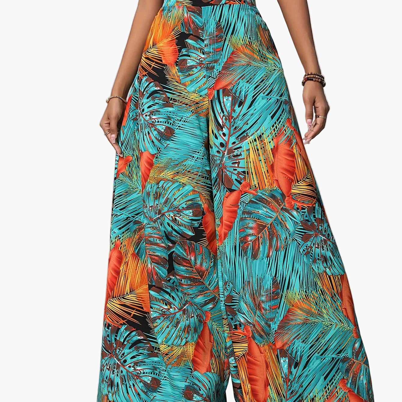 Women's Wide Summer Pants with Tropical Leaf Pattern – Fashionable Palazzo Pants for Beach and Leisure