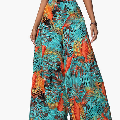 Women's Wide Summer Pants with Tropical Leaf Pattern – Fashionable Palazzo Pants for Beach and Leisure