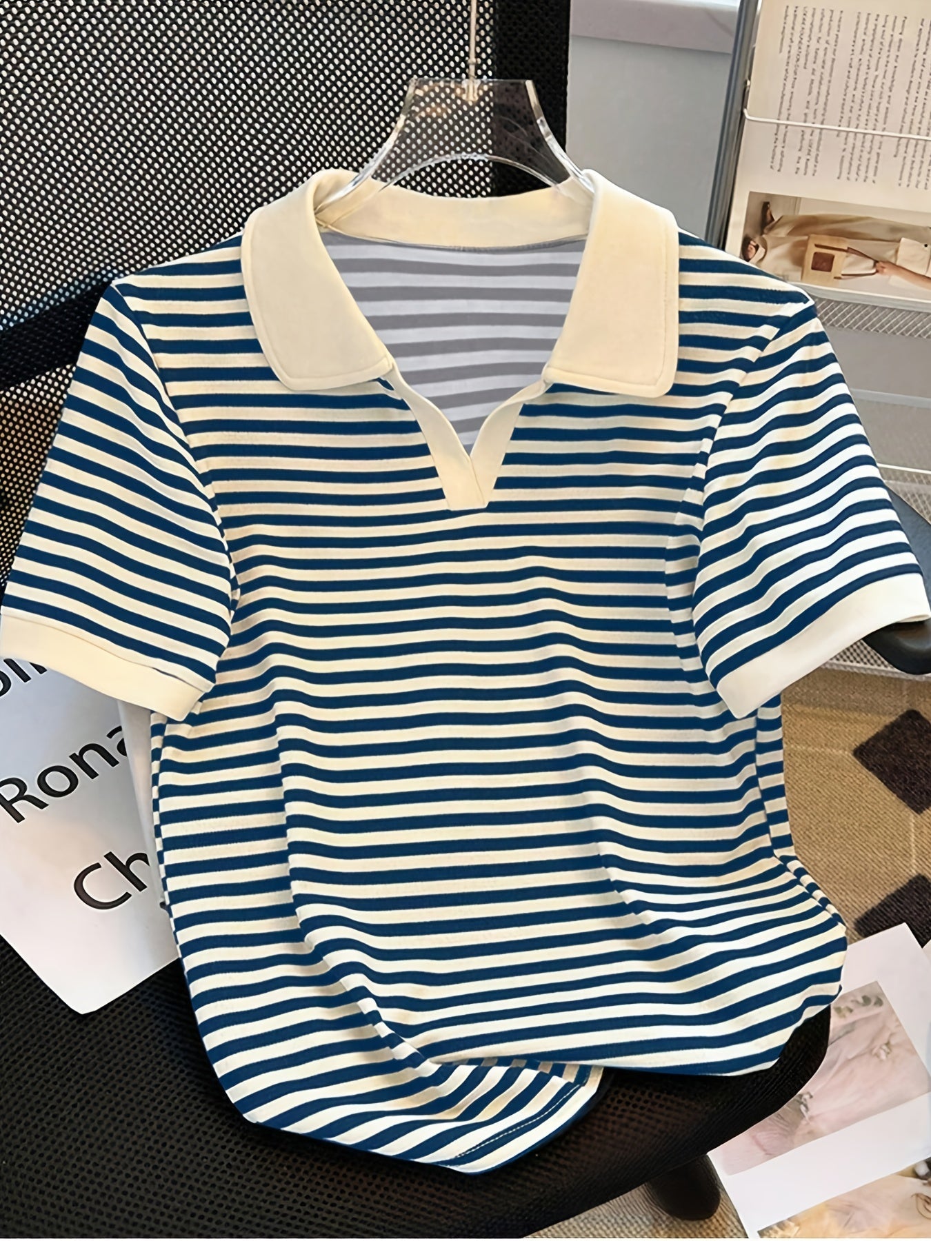 Women's polo shirt with stripes and V-neck – smart-casual style for leisure and office