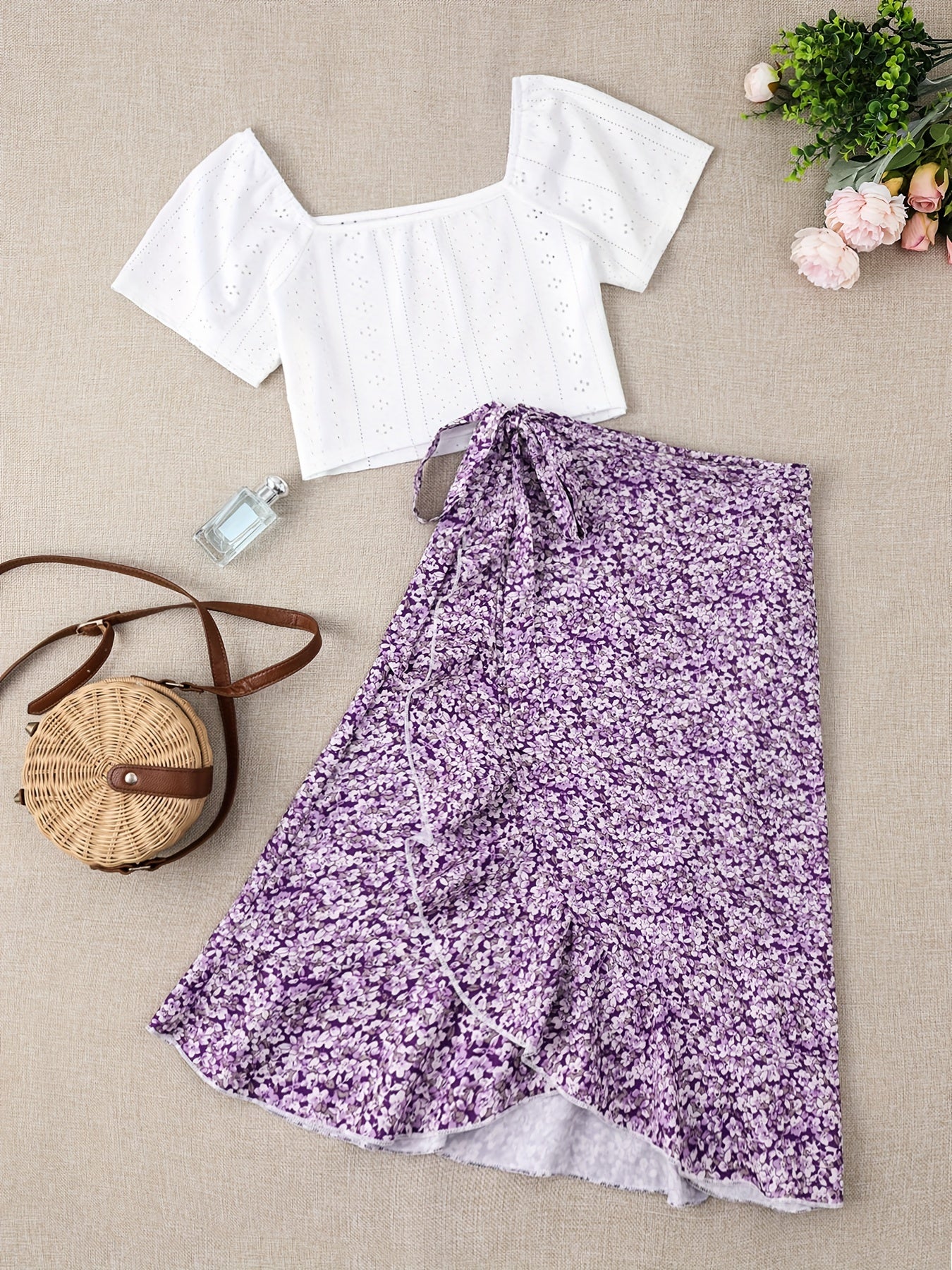 Damen Zweiteiler Set – Romantische Bluse mit Puffärmeln und Floraler Wickelrock – Perfekt für Sommer & Freizeit