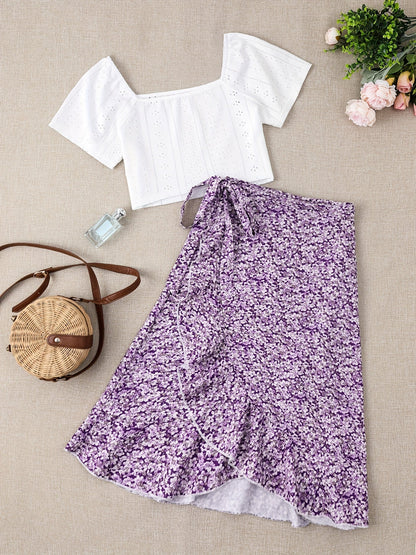 Damen Zweiteiler Set – Romantische Bluse mit Puffärmeln und Floraler Wickelrock – Perfekt für Sommer & Freizeit