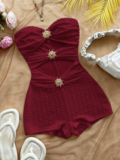 Women's Retro-Style Swimsuit with Leopard Print and Cut-Out Design – Fashionable Bandeau Swimsuit for Summer