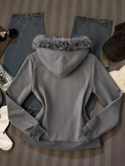 Women's hooded zip-up jacket with faux fur trim and a decorative pattern in gray