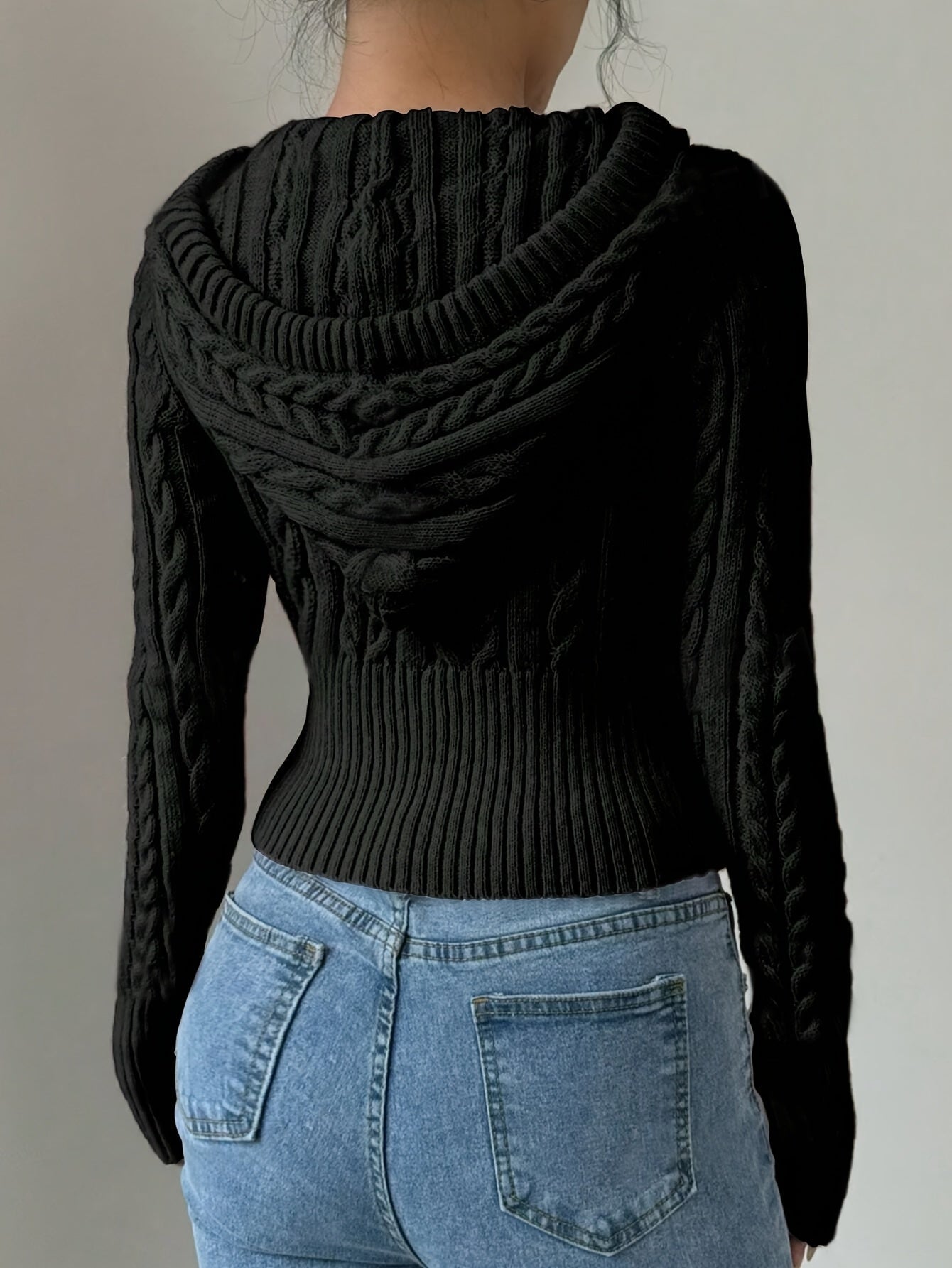 Damen Strickpullover Hoodie Crop Top Zopfmuster Reißverschluss