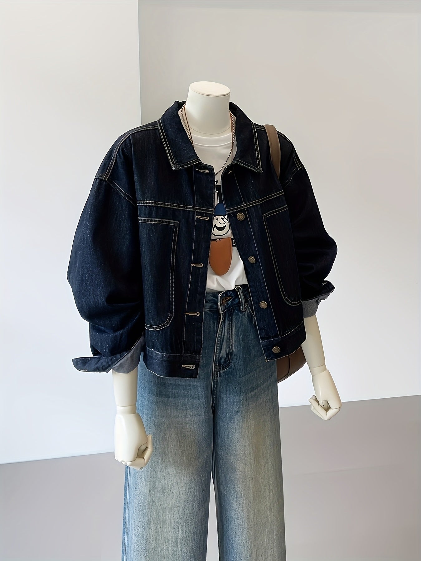 Dark blue cropped casual oversized women’s denim jacket