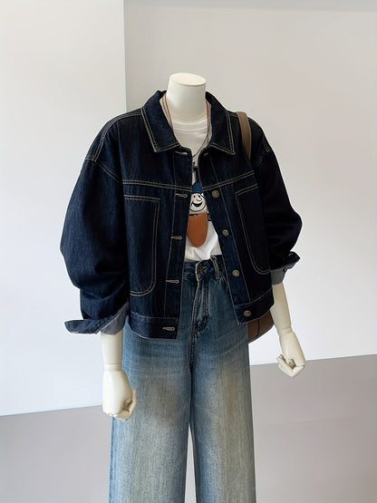 Dark blue cropped casual oversized women’s denim jacket