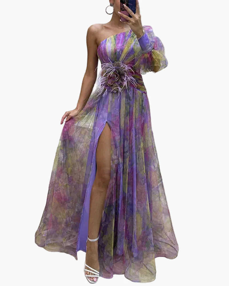 Damen Abendkleid One-Shoulder mit Puffärmel und Schlitz – Elegantes Kleid für festliche Anlässe