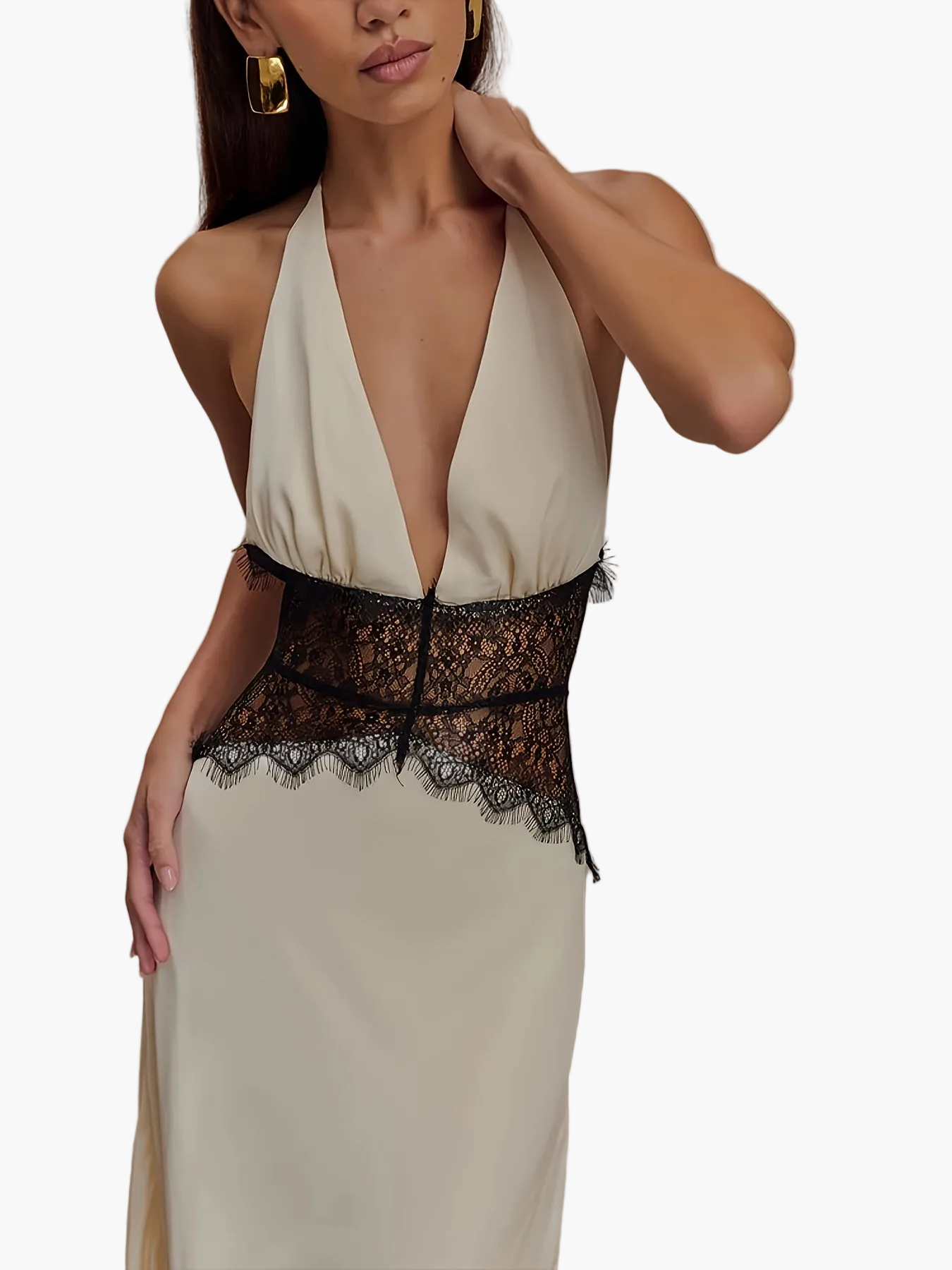 Women's Elegant Fit & Flare Evening Dress with Lace and Deep V-Neck, Floor-Length for Special Occasions