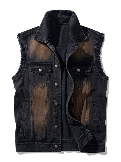 Men's black washed sleeveless denim vest
