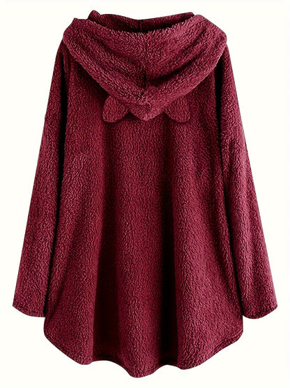 Women's plush hoodie with cat print and button placket