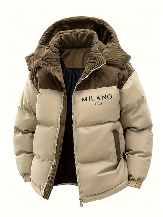 Unisex winter quilted jacket with hood and corduroy details