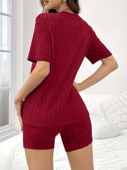 Women's Lounge Set Short-Sleeve Shirt & Shorts – Ribbed Relaxed Homewear Outfit