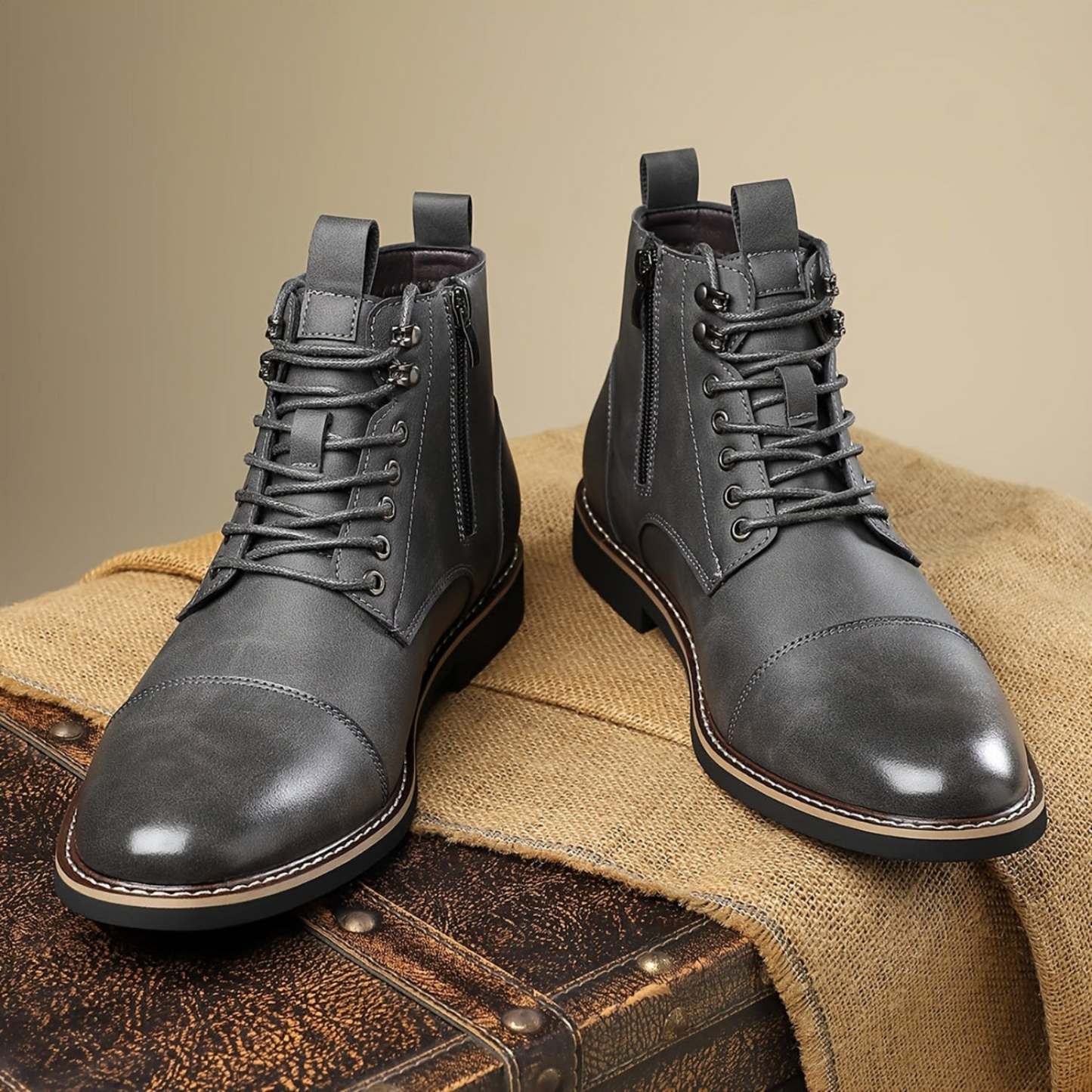 Herren Stiefel Schnürschuhe mit Reißverschluss und Zehenkappe