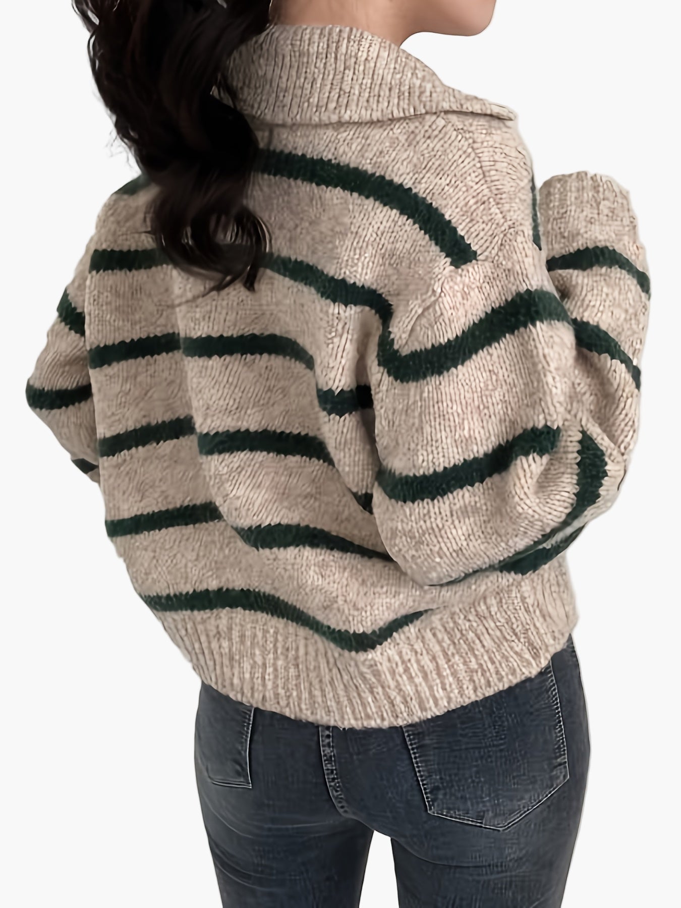 Women's knitted sweater with stripe pattern and polo collar – Elegant autumn/winter casual look